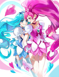 Rule 34 | 2girls, absurdly long hair, blue bow, blue choker, blue eyes, blue hair, blue skirt, blue thighhighs, bow, brooch, choker, collarbone, cure blossom, cure marine, earrings, eye contact, floating hair, hair bow, hanasaki tsubomi, hands on another&#039;s shoulders, heart, heart brooch, heartcatch precure!, high ponytail, highres, jewelry, kurumi erika, leg up, long hair, looking at another, miniskirt, multiple girls, nani (s2 nani), pink bow, pink hair, pink skirt, precure, red choker, red eyes, shirt, short sleeves, sketch, skirt, thighhighs, very long hair, white shirt, zettai ryouiki