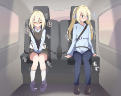 Rule 34 | ..., 2girls, ^ ^, arms at sides, between legs, blonde hair, blue eyes, blue pants, blue shirt, blush, bright pupils, brown dress, brown footwear, buttons, car interior, chair, closed eyes, closed mouth, dress, embarrassed, facing viewer, female focus, flat chest, full body, hair between eyes, hair ribbon, hand between legs, have to pee, japanese text, knees together feet apart, long hair, long sleeves, looking outside, looking to the side, multiple girls, nose blush, original, own hands together, pants, pinafore dress, ponytail, purple footwear, raised eyebrows, ribbon, seatbelt, shirt, shoes, short dress, sidelocks, sitting, sleeveless, sleeveless dress, socks, speech bubble, split mouth, spoken ellipsis, straight-on, sweat, translation request, trembling, twintails, v arms, watakarashi, wavy mouth, white pupils, white ribbon, white socks, window
