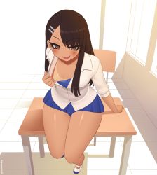 Rule 34 | 1girl, black hair, blue one-piece swimsuit, blush, breasts, brown eyes, classroom, cleavage reach, commentary request, dark-skinned female, dark skin, desk, ear piercing, fang, hair ornament, hairclip, ijiranaide nagatoro-san, kuroonehalf, leaning forward, legs, long hair, looking at viewer, nagatoro hayase, naughty face, on desk, one-piece swimsuit, one-piece tan, piercing, school desk, school swimsuit, school uniform, shiny skin, shirt, sitting, on desk, skin fang, small breasts, solo, swept bangs, swimsuit, swimsuit under clothes, tan, tanline, thighs, white shirt