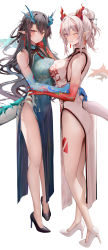 Rule 34 | 2girls, absurdres, arknights, bare arms, bare shoulders, black footwear, black hair, blue hair, blue skin, blush, breasts, china dress, chinese clothes, closed mouth, colored skin, dragon girl, dragon horns, dragon tail, dress, dusk (arknights), dusk (everything is a miracle) (arknights), full body, gradient dress, green dress, high heels, highres, horns, large breasts, long hair, looking at viewer, multicolored hair, multiple girls, nian (arknights), nian (unfettered freedom) (arknights), one eye closed, parted lips, pointy ears, ponytail, purple eyes, red eyes, red hair, red skin, ru zhai, siblings, simple background, sisters, sleeveless, sleeveless dress, smile, standing, streaked hair, tail, tattoo, thighs, white background, white dress, white footwear, white hair