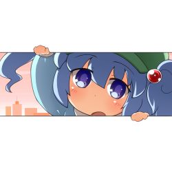 Rule 34 | 1girl, blue eyes, blue hair, blush, blush stickers, building, dress, fourth wall, hair bobbles, hair ornament, jinnouchi akira, kawashiro nitori, long sleeves, looking at viewer, matching hair/eyes, open mouth, shirt, short hair, short twintails, solo, touhou, toy block, twintails, two side up