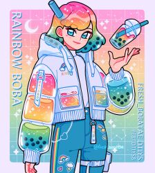 Rule 34 | 1girl, artist name, blue eyes, blue pants, bubble tea, constellation, crescent moon, cup, disposable cup, draw this in your style challenge, drinking straw, emily kim, floating, gradient background, grid background, highres, jacket, liquid, liquid hair, long sleeves, looking at viewer, moon, multicolored clothes, multicolored hair, multicolored jacket, original, pants, print hair, puffy long sleeves, puffy sleeves, rainbow gradient, rainbow hair, rainbow sticker, see-through, see-through hood, see-through sleeves, shirt, shooting star, solo, sparkle, two-tone jacket, white jacket, white shirt, zipper pull tab