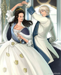 Rule 34 | 1boy, 1girl, axis powers hetalia, bell line gown, black hair, blonde hair, blue eyes, breasts, catherine the great, civilization (series), civilization v, cleavage, crossover, crown, dancing, dress, european clothes, formal, fur trim, gown, large breasts, queen, russia (hetalia), sherry lai