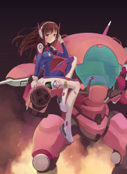 Rule 34 | 1girl, absurdres, arm at side, arm cannon, armor, bad id, bad pixiv id, bodysuit, boots, bracer, breasts, brown eyes, brown hair, closed mouth, covered navel, d.va (overwatch), emblem, facepaint, facial mark, full body, gatling gun, gloves, gun, hand on own head, hand to head, hand up, headphones, highres, knee up, logo, long hair, long sleeves, looking at viewer, lyrae, mecha, medium breasts, meka (overwatch), overwatch, overwatch 1, pauldrons, pilot suit, ribbed bodysuit, robot, shoulder armor, shoulder pads, sitting, skin tight, smile, solo, thigh boots, thigh strap, thighhighs, turtleneck, weapon, whisker markings, white footwear, white gloves