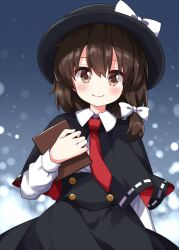 Rule 34 | 1girl, arm behind back, black capelet, black dress, black hat, blush, book, bow, brown eyes, brown hair, buttons, capelet, collared shirt, crossed bangs, dress, hair between eyes, hair bow, hat, hat bow, highres, holding, holding book, long sleeves, looking at viewer, medium hair, necktie, puffy sleeves, red necktie, ruu (tksymkw), shirt, single sidelock, skirt, smile, solo, touhou, upper body, usami renko, white bow, white shirt