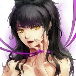 Rule 34 | 1girl, arm at side, armpits, bare shoulders, black bow, black hair, black hairband, blake belladonna, bow, collarbone, completely nude, female focus, finger to mouth, fingernails, hair bow, hair ornament, hairband, half-closed eyes, hand up, long hair, looking at viewer, neck, no bra, nude, open mouth, portrait, purple ribbon, ribbon, rooster teeth, roosterteeth, rwby, sexually suggestive, solo, standing, topless, topless frame, upper body, wail (wailwind), white background, yellow eyes