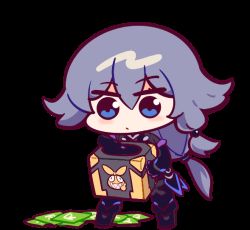 Rule 34 | 1girl, animated, animated gif, black gloves, black hair, blue eyes, bodysuit, box, chibi, closed mouth, fu hua, fu hua (shadow knight), full body, gloves, holding, holding box, honkai (series), honkai impact 3rd, long hair, long sleeves, loot box, official art, open mouth, ponytail, simple background, solo, sweat, transparent background