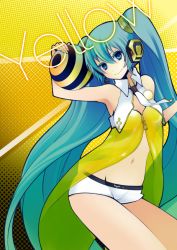 Rule 34 | 1girl, aqua eyes, aqua hair, bad id, bad pixiv id, ball, center opening, colored eyelashes, cowboy shot, hatsune miku, headphones, headset, long hair, looking at viewer, midriff, navel, project diva (series), project diva 2nd, see-through, short shorts, shorts, smile, solo, thighs, twintails, unzipped, very long hair, vocaloid, wogura, yellow (vocaloid), yellow theme