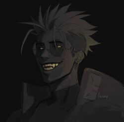 Rule 34 | 1boy, earrings, gem1ny, glasses, greyscale, grin, highres, jacket, jewelry, looking at viewer, male focus, mole, mole under eye, monochrome, open mouth, round eyewear, shirt, short hair, simple background, single earring, smile, solo, spiked hair, teeth, trigun, trigun stampede, undercut, vash the stampede