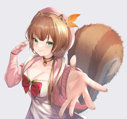 Rule 34 | 1girl, absurdres, animal ears, ayunda risu, ayunda risu (1st costume), blush, bow, breasts, brown hair, choker, cleavage, dress, green eyes, hair ornament, hair over shoulder, hat, highres, hololive, hololive indonesia, large breasts, long hair, looking at viewer, robbilgigih, simple background, smile, solo, squirrel ears, squirrel girl, squirrel tail, sweater, tail, virtual youtuber