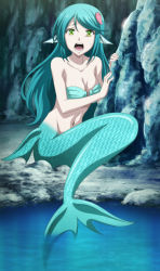 Rule 34 | 1girl, absurdres, breasts, cleavage, green eyes, highres, leadale no daichi nite, looking at viewer, mermaid, mimily, monster girl, navel, open mouth, stitched, third-party edit, water