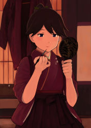 Rule 34 | 10s, 1girl, anchor symbol, applying makeup, brown hair, brush, closed mouth, clothes hanger, cowboy shot, fuyube gin (huyube), hakama, hakama short skirt, hakama skirt, hand mirror, holding, holding brush, houshou (kancolle), indoors, jacket, unworn jacket, japanese clothes, kantai collection, kimono, leaf print, long sleeves, looking at mirror, md5 mismatch, mirror, nontraditional miko, official style, pleated skirt, ponytail, purple eyes, purple hakama, red lips, short hair, skirt, sliding doors, smile, solo