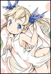 Rule 34 | 10s, 1girl, apron, apron lift, arched back, ass, bad id, bad twitter id, bare shoulders, black border, blonde hair, blue eyes, blush, border, child, clothes lift, from behind, granblue fantasy, hair ornament, ham (points), inactive account, io (granblue fantasy), leaning forward, long hair, looking away, looking back, looking to the side, naked apron, smile, solo, twintails, twisted torso