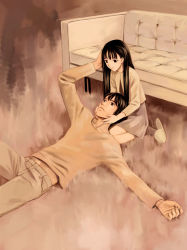 Rule 34 | 1boy, 1girl, black eyes, black hair, blood alone, brown theme, child, closed mouth, couch, cropped jacket, dress, grey dress, grey legwear, grey pants, hand on another&#039;s head, hands on another&#039;s head, kuroe kurose, lap pillow, light smile, long hair, long sleeves, lying, midriff peek, misaki minato, on back, on ground, outstretched arm, pants, rug, short dress, sitting, slippers, socks, straight hair, vampire, wariza