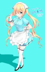 Rule 34 | 1girl, absurdres, apron, aqua background, aqua dress, black footwear, blend s, blush, breasts, character name, copyright name, dated, dress, frilled apron, frills, full body, gloves, hair between eyes, hand on own hip, head scarf, highres, hinata kaho, index finger raised, long hair, looking at viewer, medium breasts, puffy short sleeves, puffy sleeves, short sleeves, signature, simple background, solo, standing, tareme, thighhighs, translation request, twintails, very long hair, waist apron, white apron, white gloves, white thighhighs, yasaka (astray l), zettai ryouiki