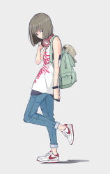 Rule 34 | 1girl, absurdres, arm at side, backpack, bag, baseball cap, black eyes, blouse, bob cut, bracelet, clothes writing, denim, from side, full body, green bag, grey background, grey hair, grey hat, hand up, hat, headphones, headphones around neck, highres, jeans, jewelry, looking at viewer, nike (company), no socks, original, pants, shirt, shoes, short hair, simple background, sneakers, solo, standing, standing on one leg, tank top, unworn hat, unworn headwear, white shirt, yeh