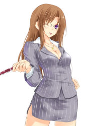 Rule 34 | 1girl, :p, breasts, brown hair, cleavage, formal, glasses, jacket, jewelry, konimaru, long hair, medium breasts, necklace, office lady, one eye closed, pen, pencil skirt, purple eyes, side slit, skirt, skirt suit, solo, suit, tongue, tongue out, wink