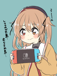 Rule 34 | 1girl, beige sweater, brown eyes, green background, handheld game console, heterochromia, holding, holding handheld game console, kantai collection, light brown hair, long hair, multicolored nails, murasame (kancolle), murasame kai ni (kancolle), nail polish, nintendo switch, red eyes, ren kun, sailor collar, simple background, solo, translation request, two side up, upper body, white sailor collar