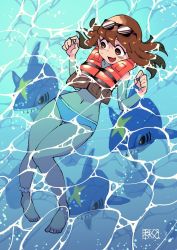 Rule 34 | 1girl, :d, afloat, anklet, barefoot, bikini, black-framed eyewear, blue bikini, blush, brown eyes, brown hair, chichibu (watson), commentary request, creatures (company), day, from above, game freak, gen 3 pokemon, hands up, highres, jewelry, navel, nervous smile, nintendo, npc trainer, open mouth, outdoors, pokemon, pokemon (creature), pokemon oras, sharpedo, smile, sunglasses, swimmer (pokemon), swimsuit, toes, tongue, water