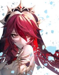 Rule 34 | 1girl, bare shoulders, commentary, detached sleeves, genshin impact, gloves, habit, hair over one eye, hand up, highres, kokollet, looking at viewer, medium hair, portrait, red eyes, red hair, rosaria (genshin impact), sidelocks, solo, swept bangs, white background, white gloves