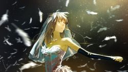 Rule 34 | 1girl, bridal veil, brown eyes, brown hair, crying, crying with eyes open, dress, feathers, highres, long hair, looking up, loundraw, original, signature, strapless, tears, veil, wedding dress