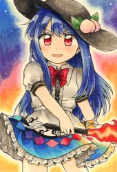 Rule 34 | apron, black hat, blue hair, blue skirt, bow, bowtie, commentary request, flaming sword, flaming weapon, frilled skirt, frills, hat, highres, hinanawi tenshi, holding, holding sword, holding weapon, long hair, maa (forsythia1729), marker (medium), miniskirt, open mouth, peach hat ornament, puffy short sleeves, puffy sleeves, red bow, red bowtie, red eyes, shirt, short sleeves, skirt, sword, touhou, traditional media, very long hair, weapon, white apron, white shirt