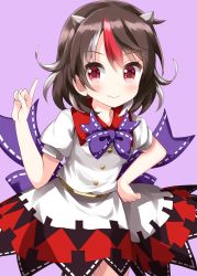 Rule 34 | 1girl, arrow print, black hair, bow, bowtie, closed mouth, cone horns, cowboy shot, grey horns, hand on own hip, highres, horns, index finger raised, kijin seija, multicolored clothes, multicolored hair, multicolored skirt, purple background, purple bow, purple bowtie, red eyes, red hair, ruu (tksymkw), shirt, short sleeves, simple background, skirt, smile, solo, standing, streaked hair, touhou, white hair, white shirt