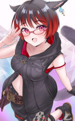 Rule 34 | 1girl, animal ears, warrior of light (ff14), belt, black hair, blush, breasts, cat ears, cat tail, crystal earrings, earrings, fang, final fantasy, final fantasy xiv, glasses, gloves, highres, jewelry, looking at viewer, medium breasts, miqo&#039;te, multicolored hair, navel, open mouth, red-framed eyewear, red eyes, red hair, short hair, single glove, skin fang, solo, tail, two-tone hair, yijie zhaochun