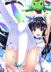 Rule 34 | 1girl, :d, arms up, bad id, bad pixiv id, barefoot, black hair, blush, breasts, character request, dress, feet, floating hair, frog, hair ornament, haluka (aixioo), highres, long hair, looking at viewer, medium breasts, no shoes, open mouth, purple eyes, shiny skin, short dress, sideboob, sleeveless, sleeveless dress, smile, solo, thighhighs, toeless legwear, toes, very long hair, white dress, white thighhighs, wrist cuffs