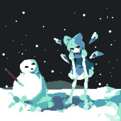 Rule 34 | 1girl, 4qw5, barefoot, black eyes, blue dress, blue ribbon, cirno, collared dress, dress, hair ribbon, ice, ice wings, night, night sky, pixel art, puffy short sleeves, puffy sleeves, ribbon, short hair, short sleeves, sky, snow, snowing, snowman, stick, touhou, wings