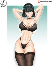 Rule 34 | abs, absurdres, almualim, black hair, breasts, fubuki (one-punch man), green eyes, highres, large breasts, lingerie, one-punch man, resolution mismatch, self-upload, short hair, simple background, solo, source smaller, thighs, underwear