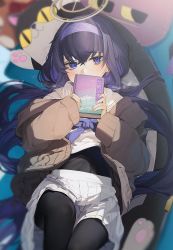 Rule 34 | 1girl, black pantyhose, black shirt, blue archive, blue neckerchief, blurry, blush, book, breath, cardigan, covered mouth, depth of field, feet out of frame, hairband, halo, highres, hiiragi mikoto, holding, holding book, knee up, long hair, long sleeves, lying, neckerchief, on back, pantyhose, purple hair, raised eyebrows, sailor collar, shirt, skirt, solo, stuffed animal, stuffed cat, stuffed toy, ui (blue archive), white shirt, white skirt