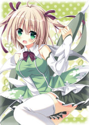 Rule 34 | 1girl, :d, ahoge, arm warmers, blonde hair, bow, cowboy shot, flower knight girl, green background, green eyes, green shirt, green skirt, green theme, hair ribbon, jyon1008, looking at viewer, open mouth, polka dot, polka dot background, red bow, ribbon, shirt, short hair, skirt, sleeveless, sleeveless shirt, smile, snowdrop (flower knight girl), solo, thighhighs, two side up, white thighhighs
