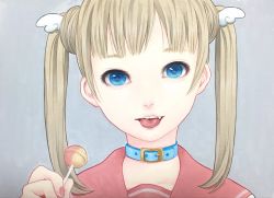 Rule 34 | 1girl, blonde hair, blue eyes, candy, choker, fang, female focus, food, grey background, highres, kirisaki 29, lollipop, looking at viewer, original, portrait, sailor collar, solo, teeth, tongue, tongue out, traditional media, twintails