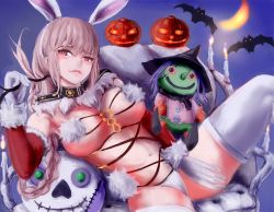 Rule 34 | 1girl, animal ears, bad id, bad pixiv id, bat (animal), rabbit ears, candle, fur trim, hat, navel, red eyes, solo, suterisu japan, witch, witch hat