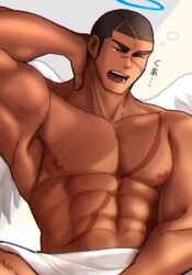 Rule 34 | 1boy, abs, aishuel (crave saga), angel, angel wings, arm behind head, armpits, bara, blue halo, crave saga, dark-skinned male, dark skin, halo, male focus, muscular, muscular male, nattukre, nipples, one eye closed, open mouth, pectorals, red eyes, scar, scar on chest, scar on face, short hair, solo, squeans, topless male, very short hair, waking up, wings, yawning