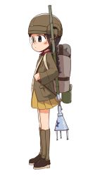 Rule 34 | 1girl, backpack, bad id, bad pixiv id, bag, black hair, blush stickers, boots, braid, brown eyes, brown footwear, brown headwear, brown jacket, chi-hatan military uniform, closed mouth, from side, fukuda haru, full body, girls und panzer, helmet, highres, jacket, knee boots, light frown, long hair, long sleeves, lunge mine, military, military uniform, miniskirt, ogihara mach, pleated skirt, round eyewear, simple background, skirt, solo, standing, uniform, white background, yellow skirt