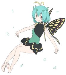 Rule 34 | 1girl, absurdres, adapted costume, antennae, aqua hair, bare legs, barefoot, black dress, brown eyes, butterfly wings, detached wings, dress, eternity larva, fairy, full body, green dress, hair between eyes, highres, insect wings, kt kkz, leaf, leaf on head, multicolored clothes, multicolored dress, one-hour drawing challenge, open mouth, short hair, simple background, single strap, smile, solo, touhou, white background, wings