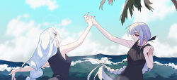 Rule 34 | 2girls, arknights, bare arms, bare shoulders, black shirt, blue sky, braid, braided ponytail, cloud, commentary, dancing, english commentary, gladiia (arknights), highres, long hair, low-braided long hair, low-tied long hair, multiple girls, ocean, open mouth, palm tree, pointy ears, red eyes, shirt, sky, sleeveless, sleeveless shirt, specter (arknights), tree, very long hair, water, white hair, xity