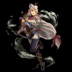 Rule 34 | 1girl, armor, brown eyes, dual wielding, facial tattoo, grey hair, hair ornament, hair ribbon, hair stick, hat, hat on back, holding, hyrule warriors: age of calamity, impa, japanese armor, katana, kunai, leg up, long hair, looking back, low-tied long hair, nintendo, official art, open mouth, pointy ears, ribbon, sheikah, shin guards, smoke, solo, suneate, sword, tattoo, the legend of zelda, the legend of zelda: breath of the wild, very long hair, weapon