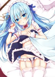 Rule 34 | 1girl, :o, bare shoulders, bed sheet, black panties, black skirt, blue eyes, blue hair, blush, bra, commentary request, frilled bra, frilled panties, frilled pillow, frilled skirt, frills, garter straps, groin, hair between eyes, hair ribbon, hands up, long hair, lying, maid headdress, maki soutoki, on back, one side up, original, panties, parted lips, pillow, ribbon, skirt, solo, thigh gap, thighhighs, underwear, very long hair, white bra, white thighhighs, wrist cuffs, yellow ribbon