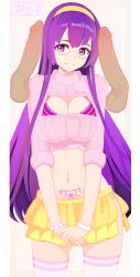 Rule 34 | 1girl, blush, bra, breasts, cleavage, glasses, hairband, headband, highres, large breasts, long hair, looking at viewer, navel, parted lips, penis, pubic tattoo, purple eyes, purple hair, rezodwel, skirt, smile, sweater, tattoo, thighhighs, uncensored, underwear