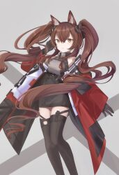 Rule 34 | 1girl, angelina (arknights), angelina (endfield) (arknights), animal ears, arknights, arknights: endfield, arm up, bare shoulders, belt, black bracelet, black gloves, breasts, brown hair, clenched teeth, coat, diamond-shaped pupils, diamond (shape), dress, earpiece, floating hair, fox ears, fox girl, gloves, grey dress, grey thighhighs, high belt, highres, impossible clothes, long hair, looking at viewer, medium breasts, nao (pixiv92881824), off shoulder, open clothes, open coat, orange coat, orange eyes, red coat, sidelocks, simple background, solo, symbol-shaped pupils, teeth, thighhighs, twintails, zettai ryouiki