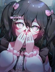 Rule 34 | 1girl, absurdres, black hair, black nails, buttons, center frills, collared shirt, fingernails, frilled sleeves, frills, grey eyes, hair ornament, heart, heart hair ornament, highres, jirai kei, long fingernails, long hair, long sleeves, looking at viewer, nail polish, original, pink nails, pink shirt, puffy long sleeves, puffy sleeves, shirt, solo, suikan pipe, two side up, upper body, x hair ornament