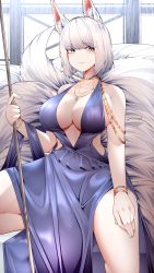 Rule 34 | 1girl, absurdres, animal ear fluff, animal ears, azur lane, blue dress, blush, bracelet, breasts, cleavage, closed mouth, commentary request, dress, eyeshadow, fox ears, fox tail, highres, holding, holding staff, jewelry, kaga (azur lane), kaga (exalted white wings) (azur lane), large breasts, looking at viewer, makeup, samip, sitting, smile, staff, tail, thighs, white hair