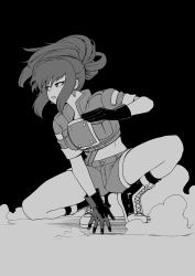 Rule 34 | 1girl, breasts, cropped jacket, cyrano (aazzss3), earrings, full body, gloves, greyscale, highres, jewelry, leona heidern, medium breasts, midriff, monochrome, ponytail, short shorts, shorts, sidelocks, solo, spread legs, squatting, the king of fighters