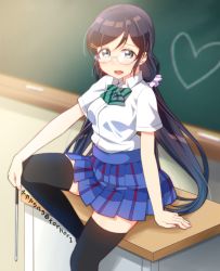 Rule 34 | 10s, 1girl, arm support, bespectacled, breasts, chalk, chalkboard, glasses, green eyes, heart, leg up, legs, long hair, looking at viewer, love live!, love live! school idol project, low twintails, miniskirt, pleated skirt, purple hair, school uniform, scrunchie, sitting, skirt, skull573, smile, solo, sukaru573, thighhighs, thighs, tojo nozomi, twintails, zettai ryouiki