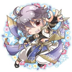 Rule 34 | 1boy, chibi, dancer, elbow gloves, fire emblem, fire emblem awakening, fire emblem fates, fire emblem heroes, gloves, kizuki miki, laslow (fire emblem), looking at viewer, male focus, nintendo, one eye closed, simple background, smile, solo, white hair