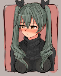 Rule 34 | 10s, 1girl, anchovy (girls und panzer), bad id, bad pixiv id, black sweater, blush, brown eyes, drill hair, girls und panzer, grey hair, highres, kento1102, long hair, solo, sweater, twin drills
