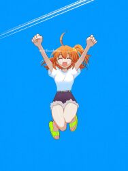 Rule 34 | 1girl, ahoge, arms up, blue sky, closed eyes, commentary request, facing viewer, fate/grand order, fate (series), fujimaru ritsuka (female), full body, highres, ichikawahonzen, jumping, medium hair, one side up, open mouth, orange hair, shirt, short shorts, shorts, sky, slippers, smile, solo, t-shirt, white shirt